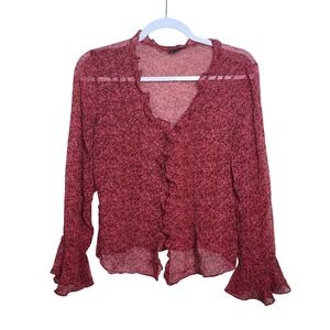 Red‎ Floral Sheer Ruffle Blouse Top L Romantic Dark Coquette Whimsical Boho Sade
